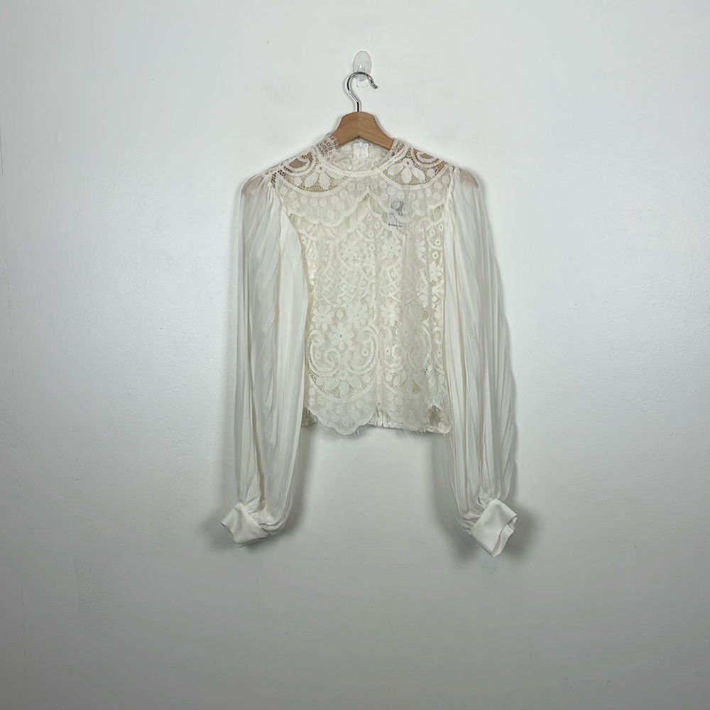 A. Peach Lace BoHo Accordian Puff Long Sleeve Womens M Lightweight White Top